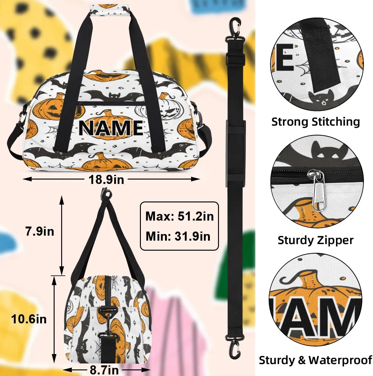 Halloween Mini Gym Bag 18 inch for Women Men Waterproof Custom Spiders Web Bat Pumpkin Travel Duffel Bag Carry On Overnight Tote Nurse Bag for Work Fitness Hiking