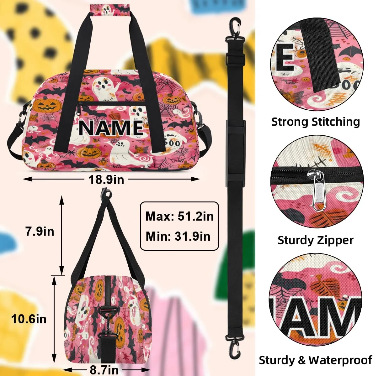 Halloween Mini Gym Bag 18 inch for Women Men Waterproof Custom Spiderweb Ghost Bat Travel Duffel Bag Carry On Overnight Tote Nurse Bag for Work Fitness Hiking