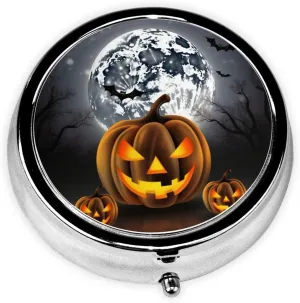 Halloween Moon Bat Pumpkin Pill Box Round Pill Case for Pocket Purse 3 Compartment Medicine Pill Organizer Cute Portable Travel Pillbox Vitamin Cod Liver Oil Storage Box Unique Gift Organizer