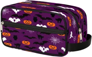 Halloween Pumpkin Bat Theme Travel Toiletry Bag for Women Men Small Cosmetic Makeup Organizer Water Resistant Shaving Bag Portable Make Up Bag Storage Bags with Handle