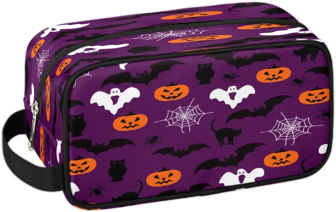 Halloween Pumpkin Bat Theme Travel Toiletry Bag for Women Men Small Cosmetic Makeup Organizer Water Resistant Shaving Bag Portable Make Up Bag Storage Bags with Handle