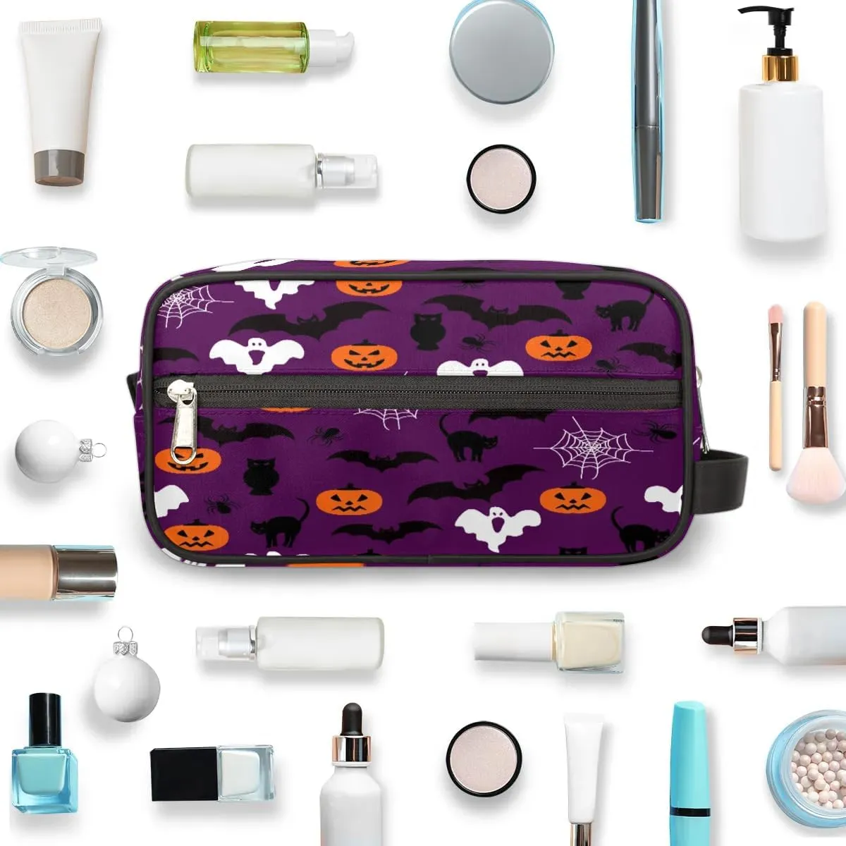 Halloween Pumpkin Bat Theme Travel Toiletry Bag for Women Men Small Cosmetic Makeup Organizer Water Resistant Shaving Bag Portable Make Up Bag Storage Bags with Handle