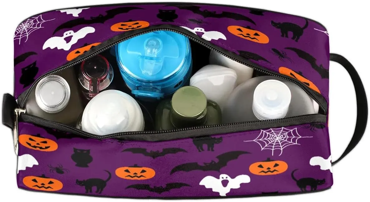 Halloween Pumpkin Bat Theme Travel Toiletry Bag for Women Men Small Cosmetic Makeup Organizer Water Resistant Shaving Bag Portable Make Up Bag Storage Bags with Handle