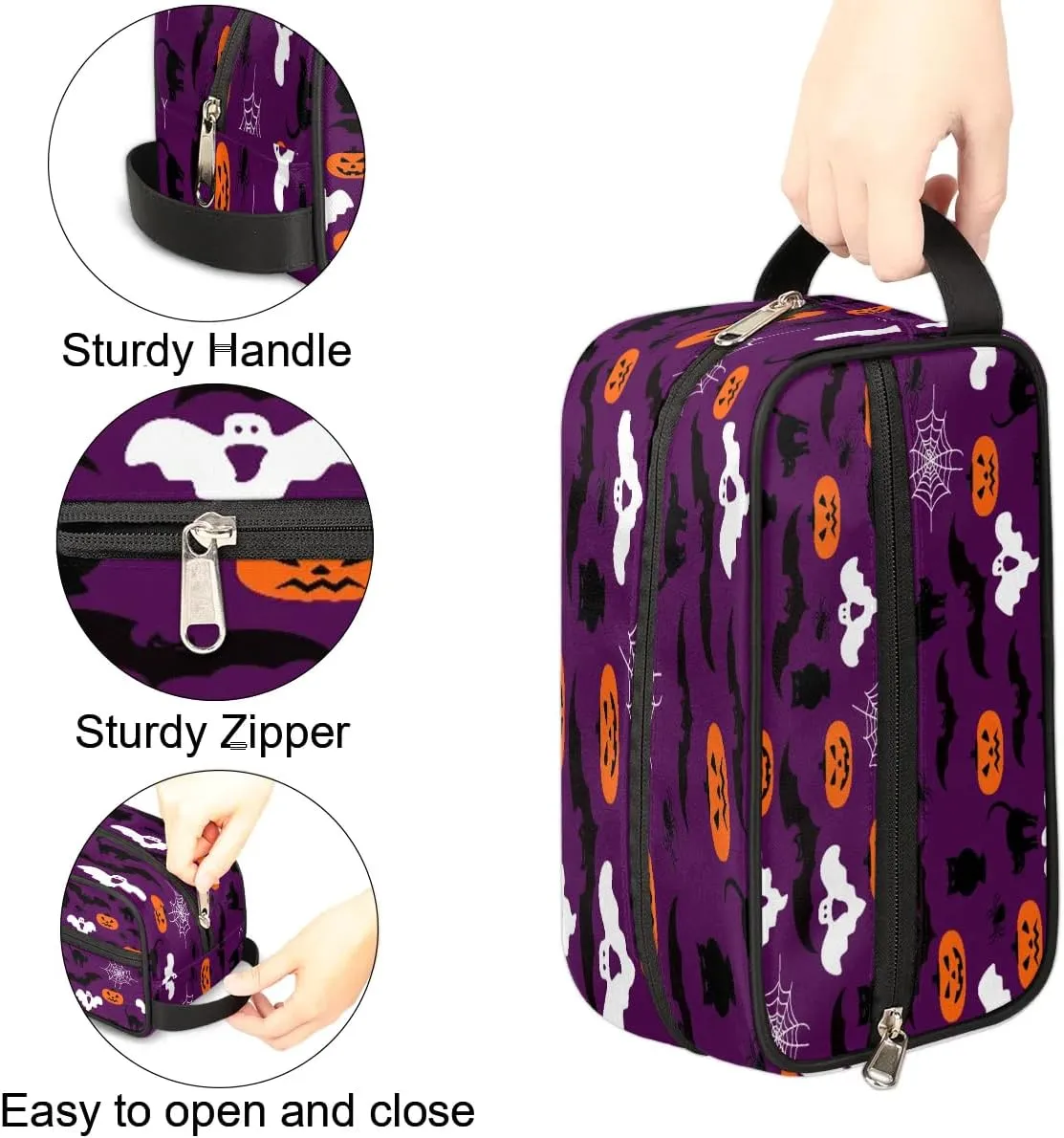 Halloween Pumpkin Bat Theme Travel Toiletry Bag for Women Men Small Cosmetic Makeup Organizer Water Resistant Shaving Bag Portable Make Up Bag Storage Bags with Handle