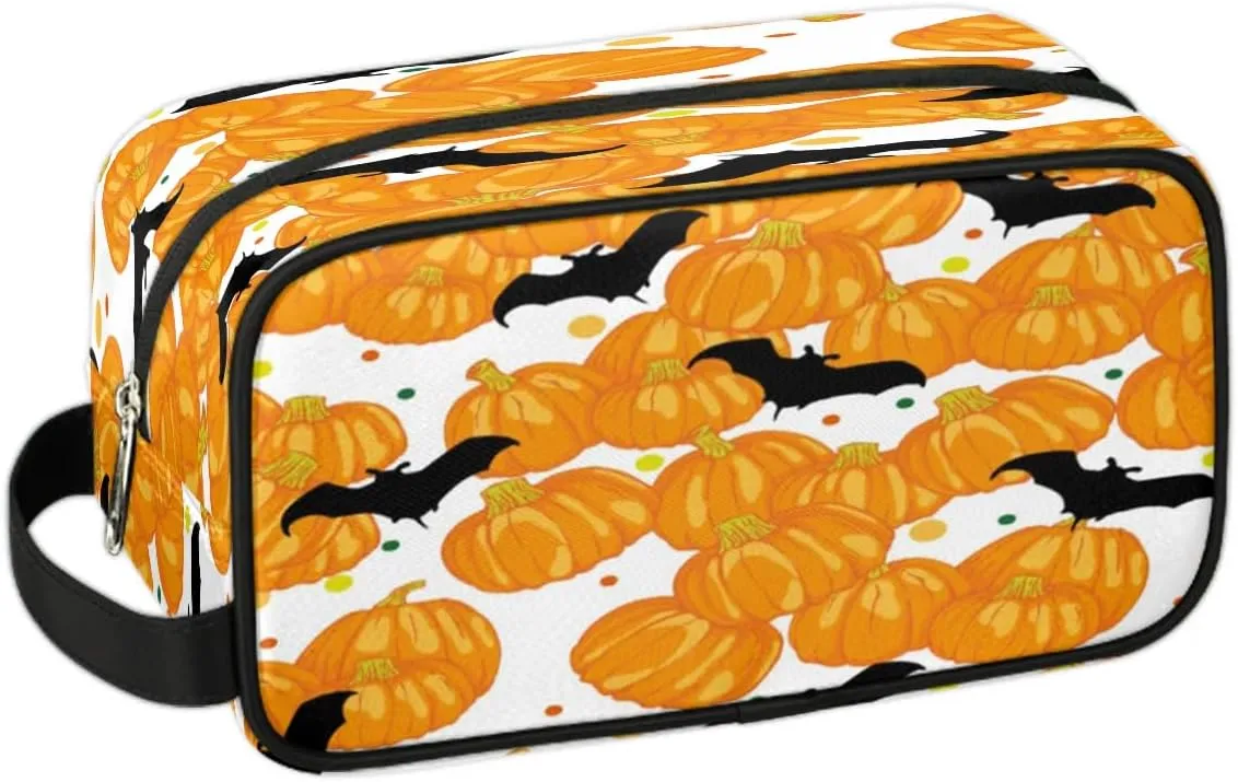Halloween Pumpkin Bat Travel Toiletry Bag for Women Men Small Cosmetic Makeup Organizer Water Resistant Shaving Bag Portable Make Up Bag Storage Bags with Handle