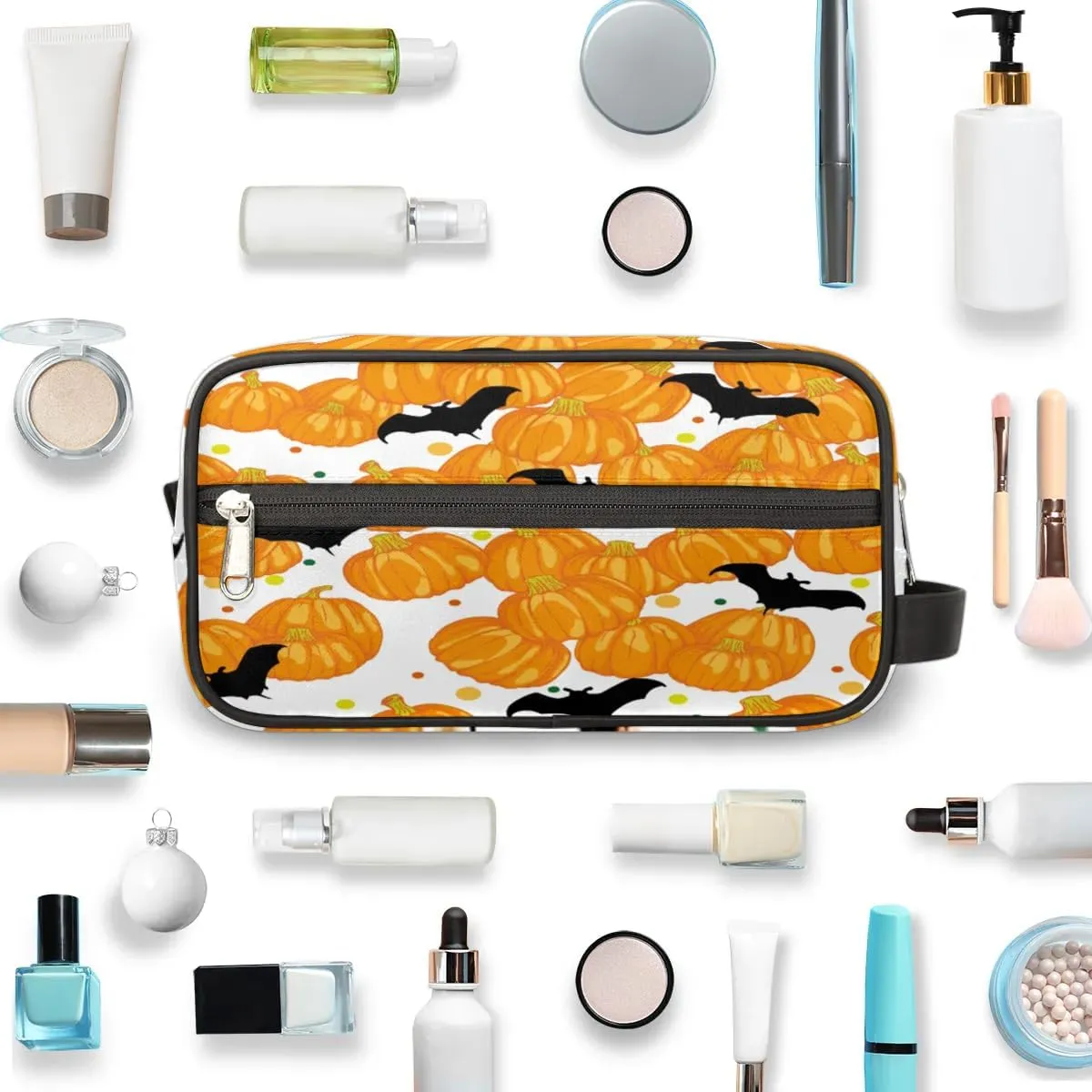 Halloween Pumpkin Bat Travel Toiletry Bag for Women Men Small Cosmetic Makeup Organizer Water Resistant Shaving Bag Portable Make Up Bag Storage Bags with Handle