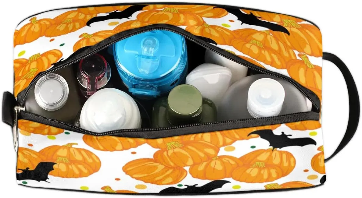 Halloween Pumpkin Bat Travel Toiletry Bag for Women Men Small Cosmetic Makeup Organizer Water Resistant Shaving Bag Portable Make Up Bag Storage Bags with Handle