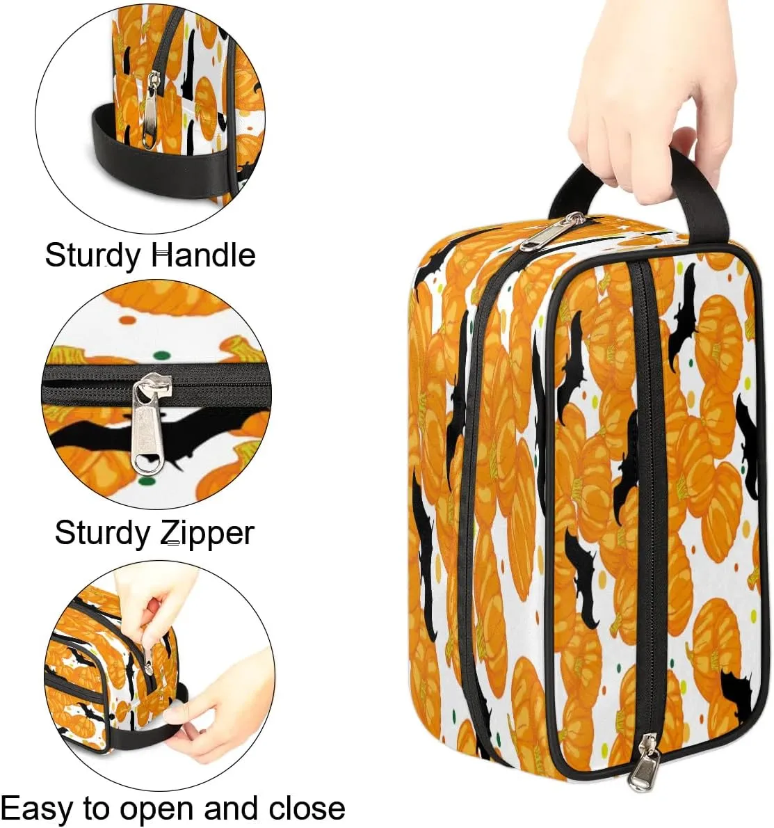 Halloween Pumpkin Bat Travel Toiletry Bag for Women Men Small Cosmetic Makeup Organizer Water Resistant Shaving Bag Portable Make Up Bag Storage Bags with Handle