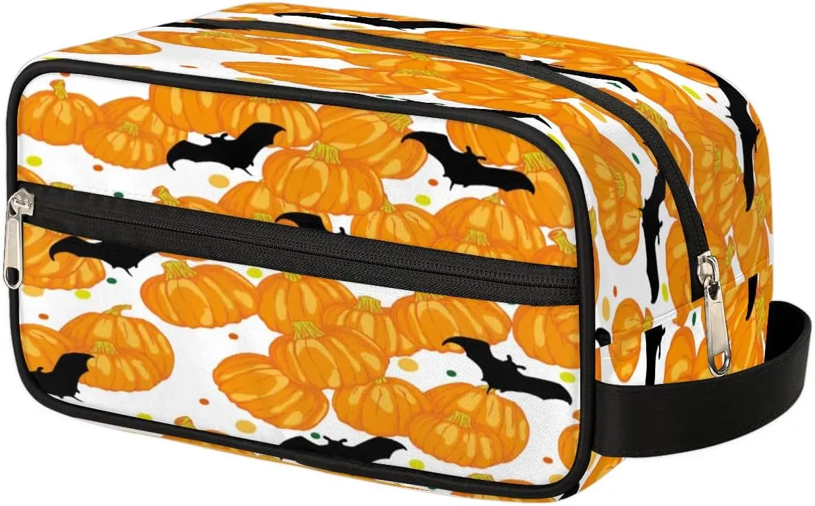 Halloween Pumpkin Bat Travel Toiletry Bag for Women Men Small Cosmetic Makeup Organizer Water Resistant Shaving Bag Portable Make Up Bag Storage Bags with Handle
