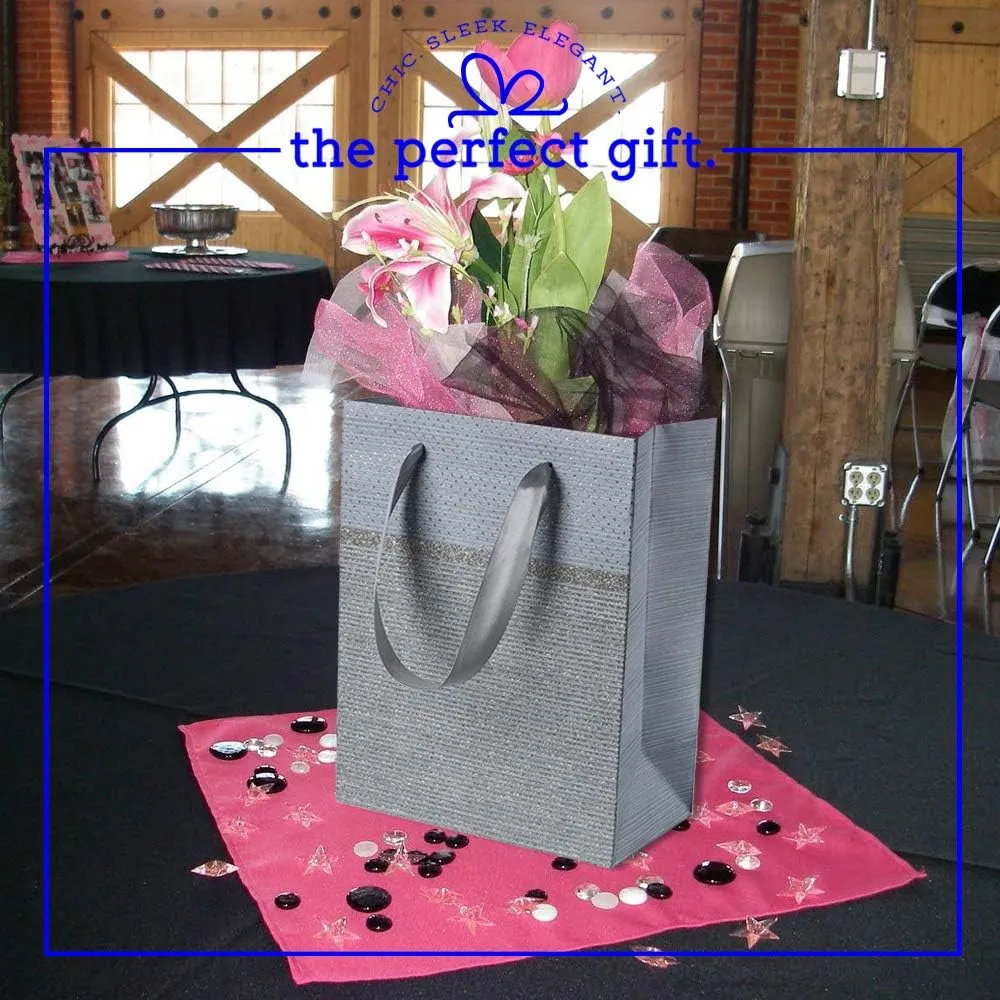 Hammont Wedding Gift Bags for Hotel Guests – Sparkly Glitter Bridesmaid Bag – Party Favor Bag - Baby Shower, Thank You & Birthday Bags for Women - Bolsitas Para Dulces - Bulk 12 Pack – 9”X7”X4” (Grey)