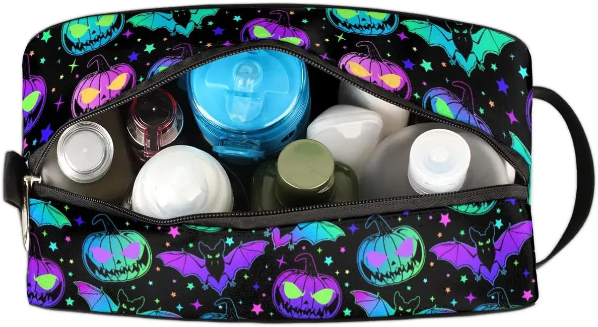 Hanging Toiletry Bag for Women Halloween Theme Bat Pumpkin Travel Makeup Bag Organizer Toiletries Bag for Travel Size Essentials Accessories Cosmetics