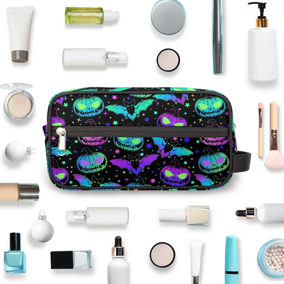 Hanging Toiletry Bag for Women Halloween Theme Bat Pumpkin Travel Makeup Bag Organizer Toiletries Bag for Travel Size Essentials Accessories Cosmetics