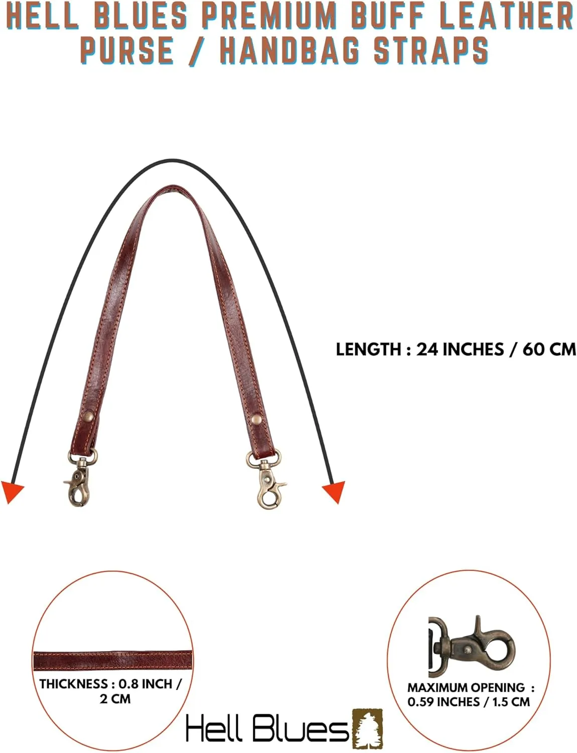 HB Full Grain Leather Purse Strap 2Pcs ~ 24" Premium Short Purse Replacement Handles for Handbag Underarm Bags with Brass Buckles (Cherry Brown)