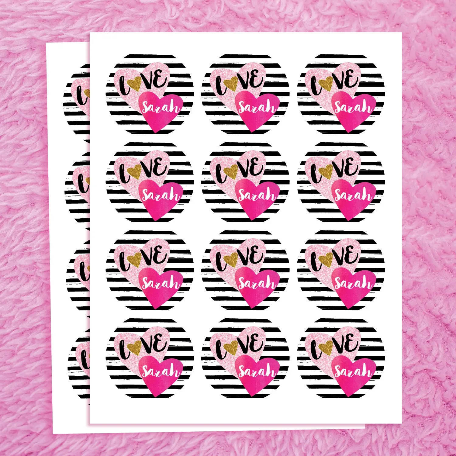 Hearts of Love Personalized Round Sticker and Treat Bag Set