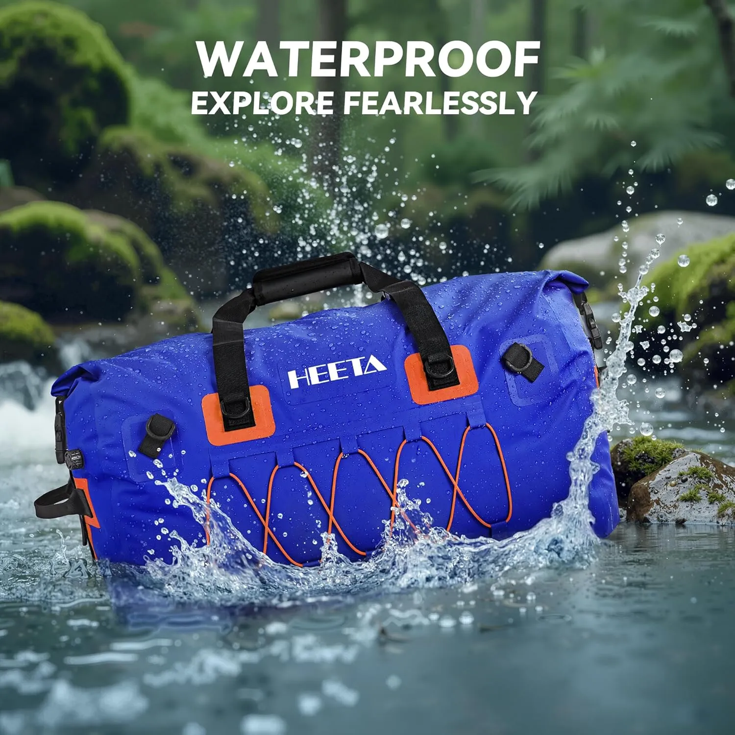 HEETA Waterproof Duffel Bag Motorcycle Dry Bag Backpack, Extra Large Rolltop Travel Duffle Bags with Straps & Handles for Kayaking Rafting Boating Canoeing Camping Gym Beach (Blue, 60L)