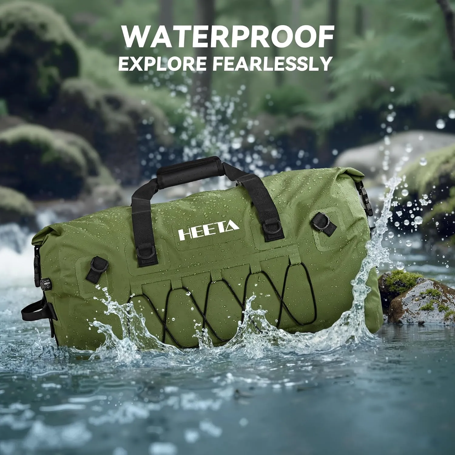 HEETA Waterproof Duffel Bag Motorcycle Dry Bag Backpack, Extra Large Rolltop Travel Duffle Bags with Straps & Handles for Kayaking Rafting Boating Canoeing Camping Gym Beach (Green, 80L)