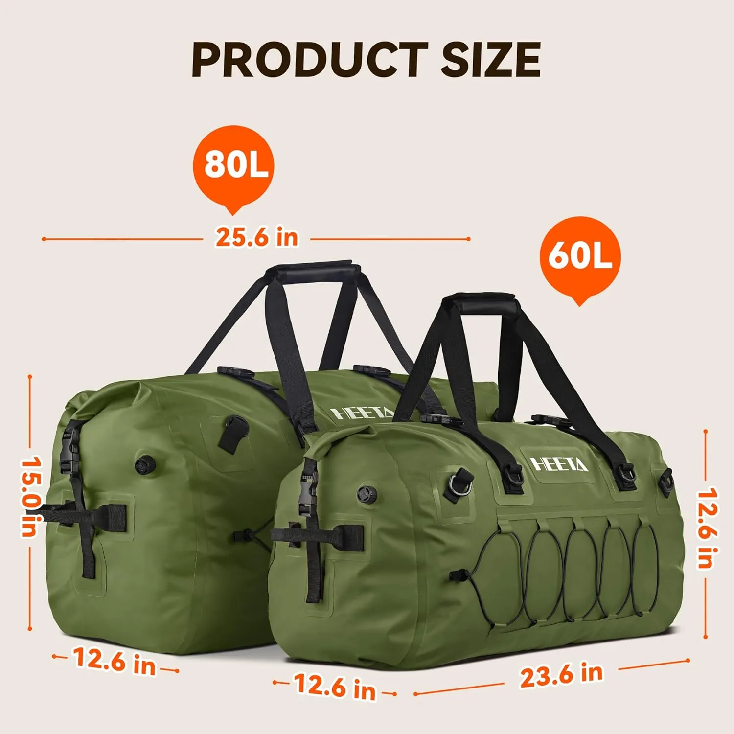 HEETA Waterproof Duffel Bag Motorcycle Dry Bag Backpack, Extra Large Rolltop Travel Duffle Bags with Straps & Handles for Kayaking Rafting Boating Canoeing Camping Gym Beach (Green, 80L)