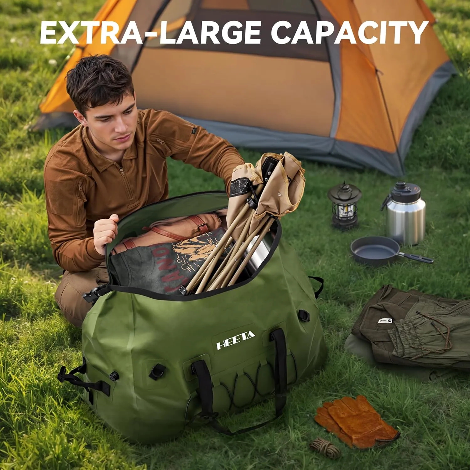 HEETA Waterproof Duffel Bag Motorcycle Dry Bag Backpack, Extra Large Rolltop Travel Duffle Bags with Straps & Handles for Kayaking Rafting Boating Canoeing Camping Gym Beach (Green, 80L)