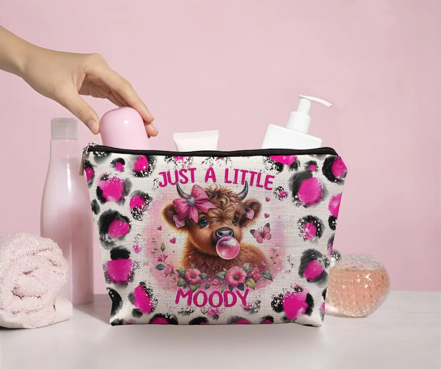 Hot Pink Leopard Highland Cow Makeup Bag, Gifts for Women, Western Cosmetic Pouch, Just a Little Moody Cute Cow Lovers Stuff