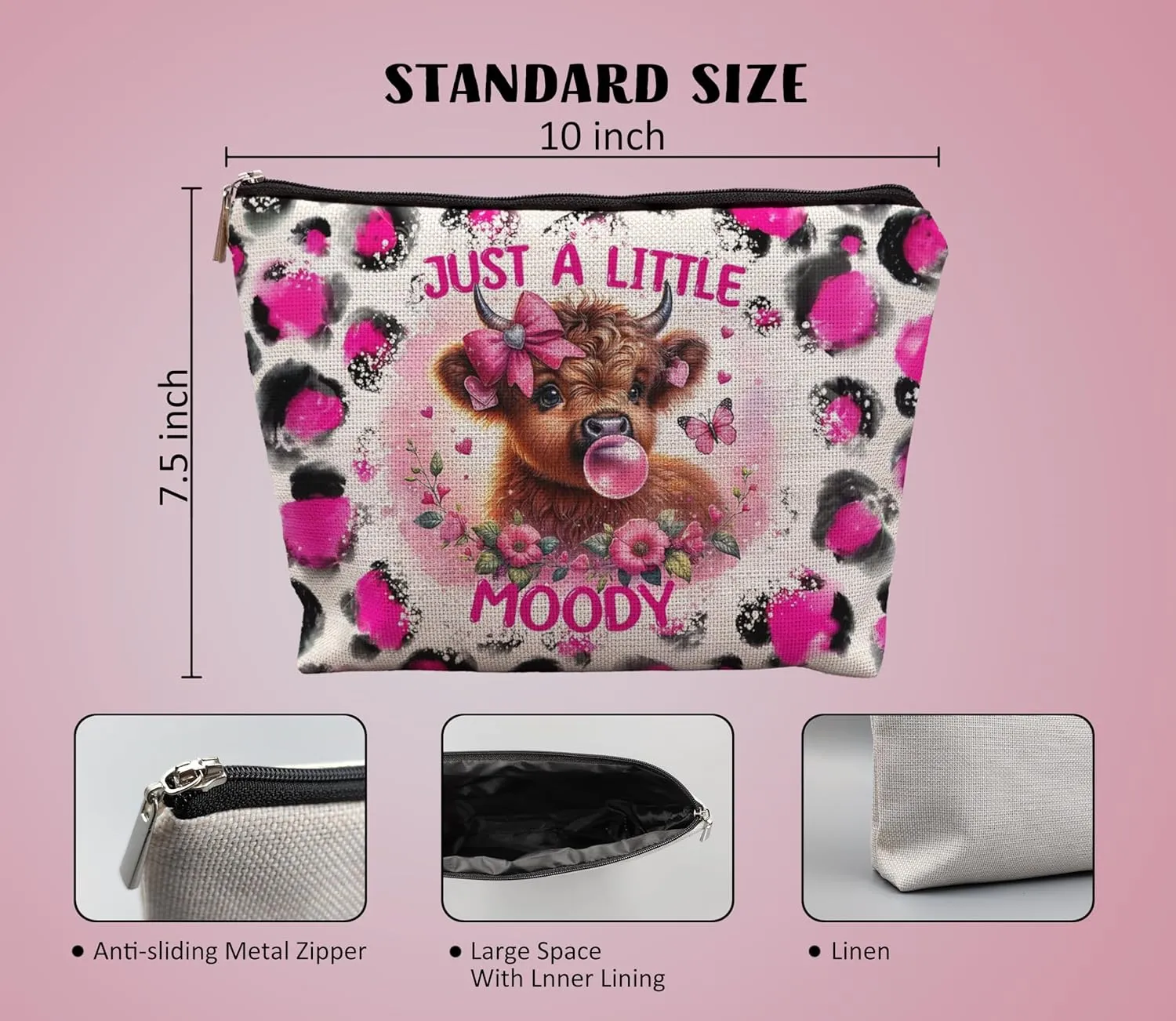 Hot Pink Leopard Highland Cow Makeup Bag, Gifts for Women, Western Cosmetic Pouch, Just a Little Moody Cute Cow Lovers Stuff