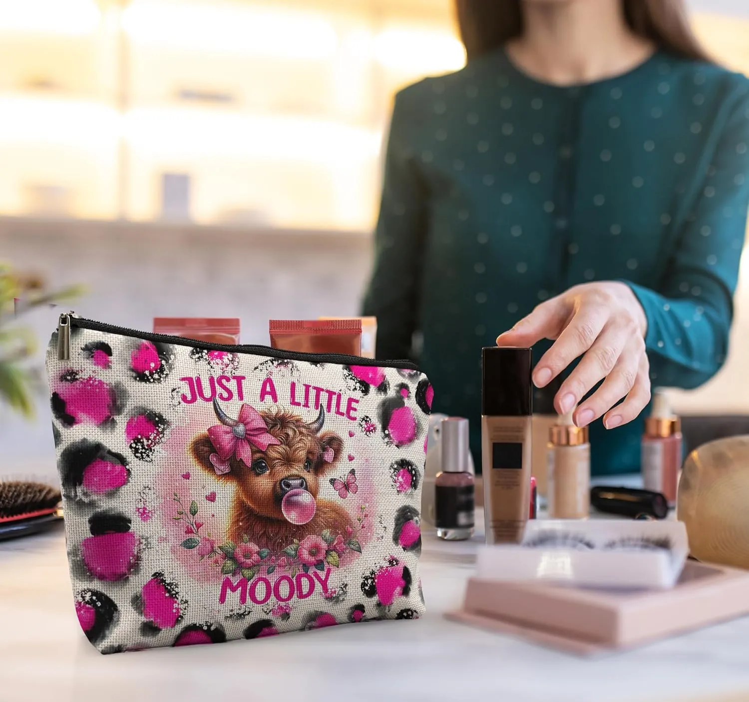Hot Pink Leopard Highland Cow Makeup Bag, Gifts for Women, Western Cosmetic Pouch, Just a Little Moody Cute Cow Lovers Stuff