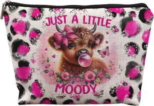Hot Pink Leopard Highland Cow Makeup Bag, Gifts for Women, Western Cosmetic Pouch, Just a Little Moody Cute Cow Lovers Stuff