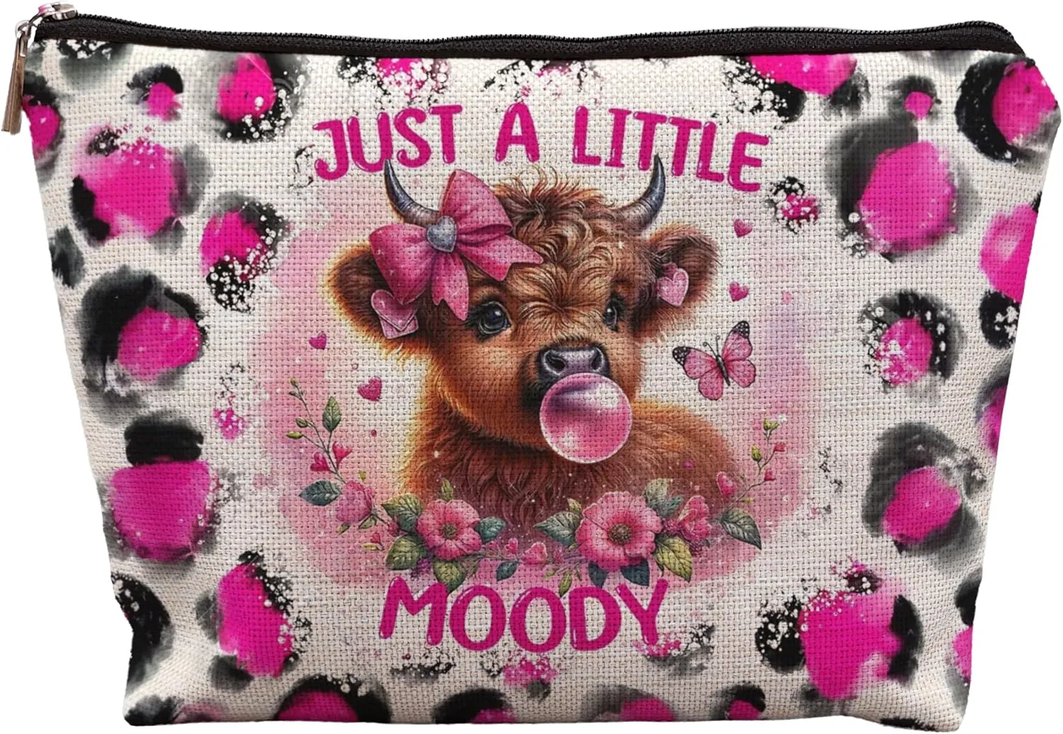 Hot Pink Leopard Highland Cow Makeup Bag, Gifts for Women, Western Cosmetic Pouch, Just a Little Moody Cute Cow Lovers Stuff