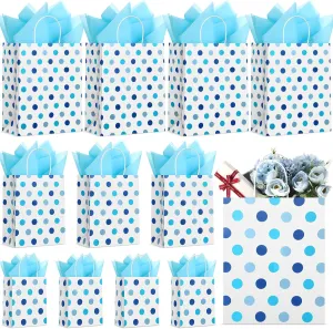 Humyoun 12 Pack Graduation Gift Bags(4 Small 6.5" 4 Medium 9.6" 4 Large 13") with Tissue Paper St. Patrick's Day Treat Bag for Mother's Day Easter Birthday Bridal Shower(Blue Dots)