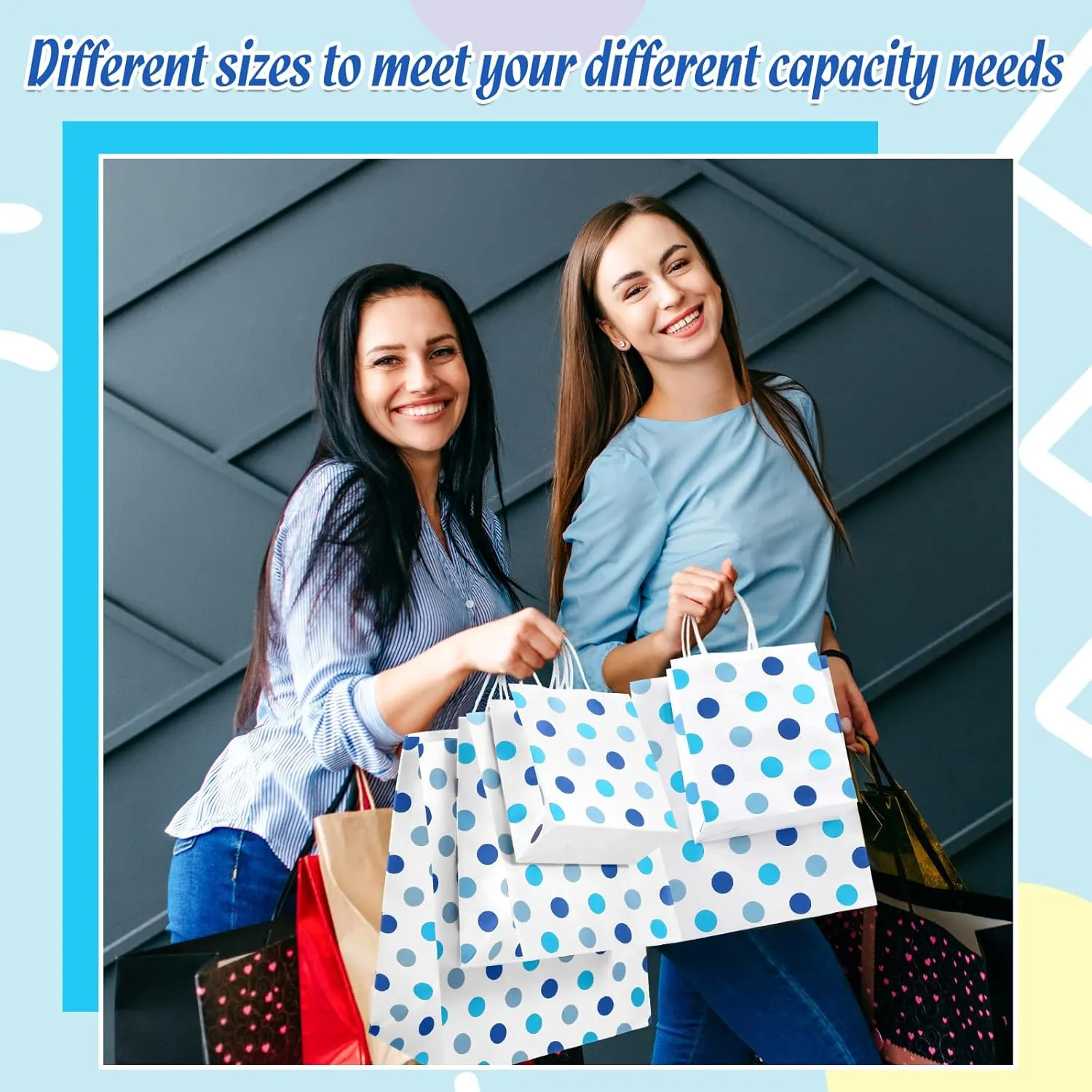 Humyoun 12 Pack Graduation Gift Bags(4 Small 6.5" 4 Medium 9.6" 4 Large 13") with Tissue Paper St. Patrick's Day Treat Bag for Mother's Day Easter Birthday Bridal Shower(Blue Dots)