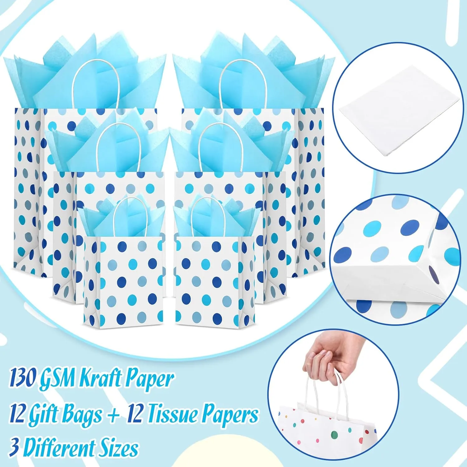Humyoun 12 Pack Graduation Gift Bags(4 Small 6.5" 4 Medium 9.6" 4 Large 13") with Tissue Paper St. Patrick's Day Treat Bag for Mother's Day Easter Birthday Bridal Shower(Blue Dots)