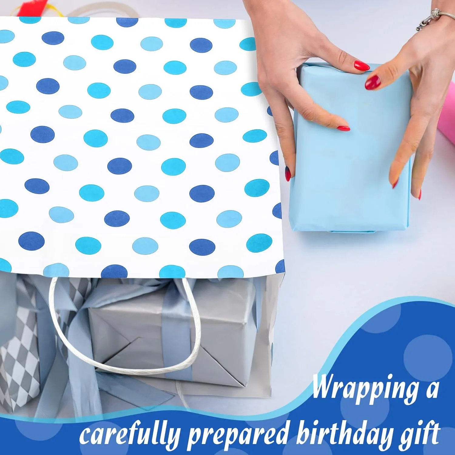 Humyoun 12 Pack Graduation Gift Bags(4 Small 6.5" 4 Medium 9.6" 4 Large 13") with Tissue Paper St. Patrick's Day Treat Bag for Mother's Day Easter Birthday Bridal Shower(Blue Dots)