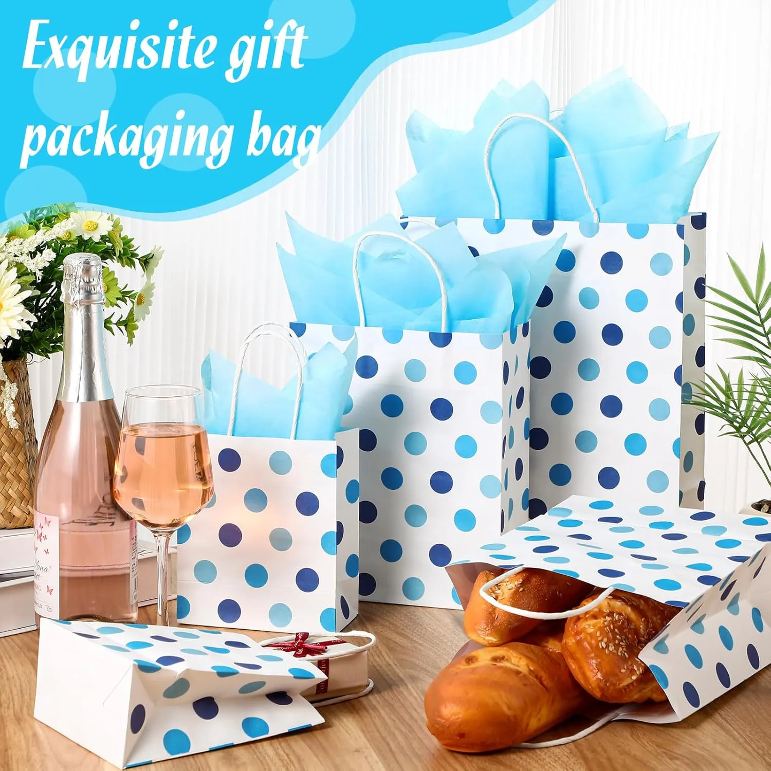 Humyoun 12 Pack Graduation Gift Bags(4 Small 6.5" 4 Medium 9.6" 4 Large 13") with Tissue Paper St. Patrick's Day Treat Bag for Mother's Day Easter Birthday Bridal Shower(Blue Dots)