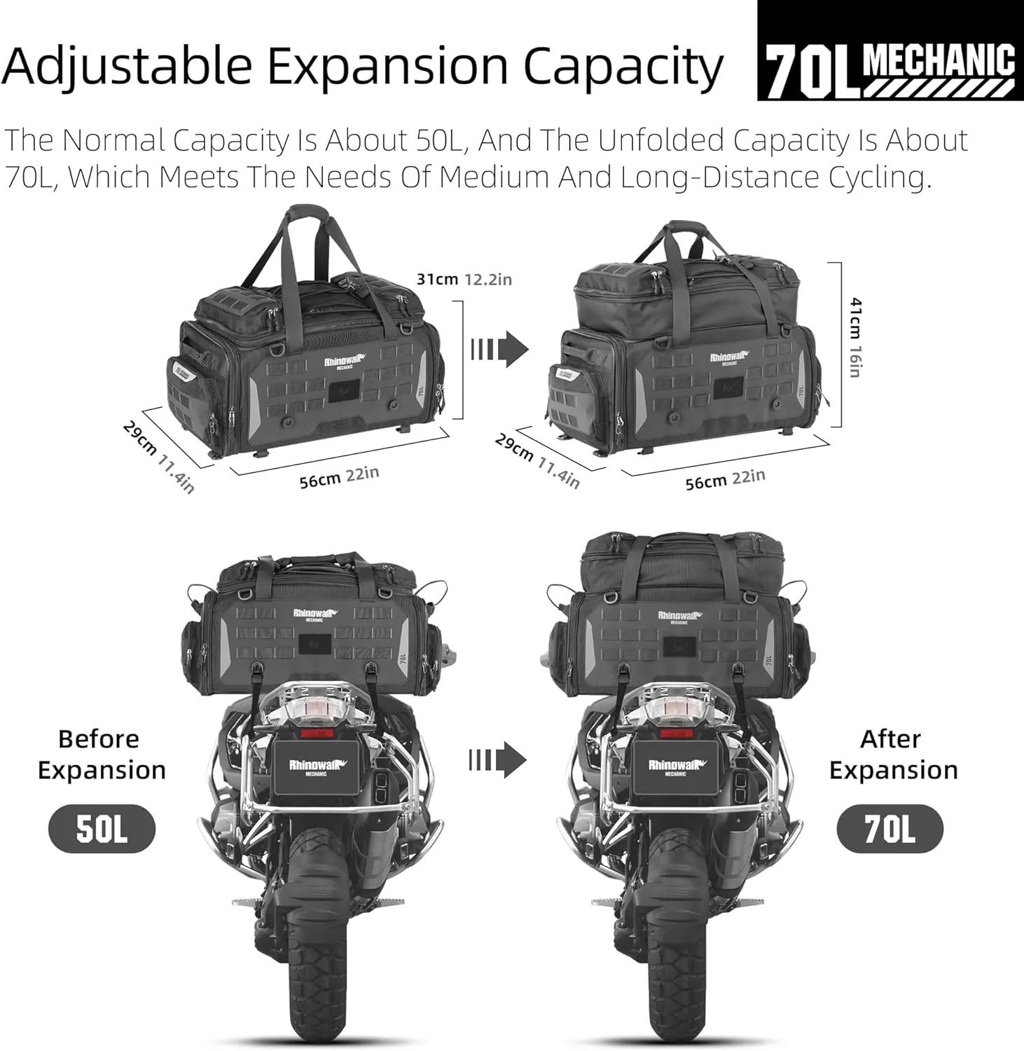 HUNTVP Motorcycle Tail Bag 50-70L Waterproof Expandable Motorcycle Bags for Back Seat Rear Rack Bag Motorbike Trunk Travel Luggage Bags Backpack with MOLLE System, Black