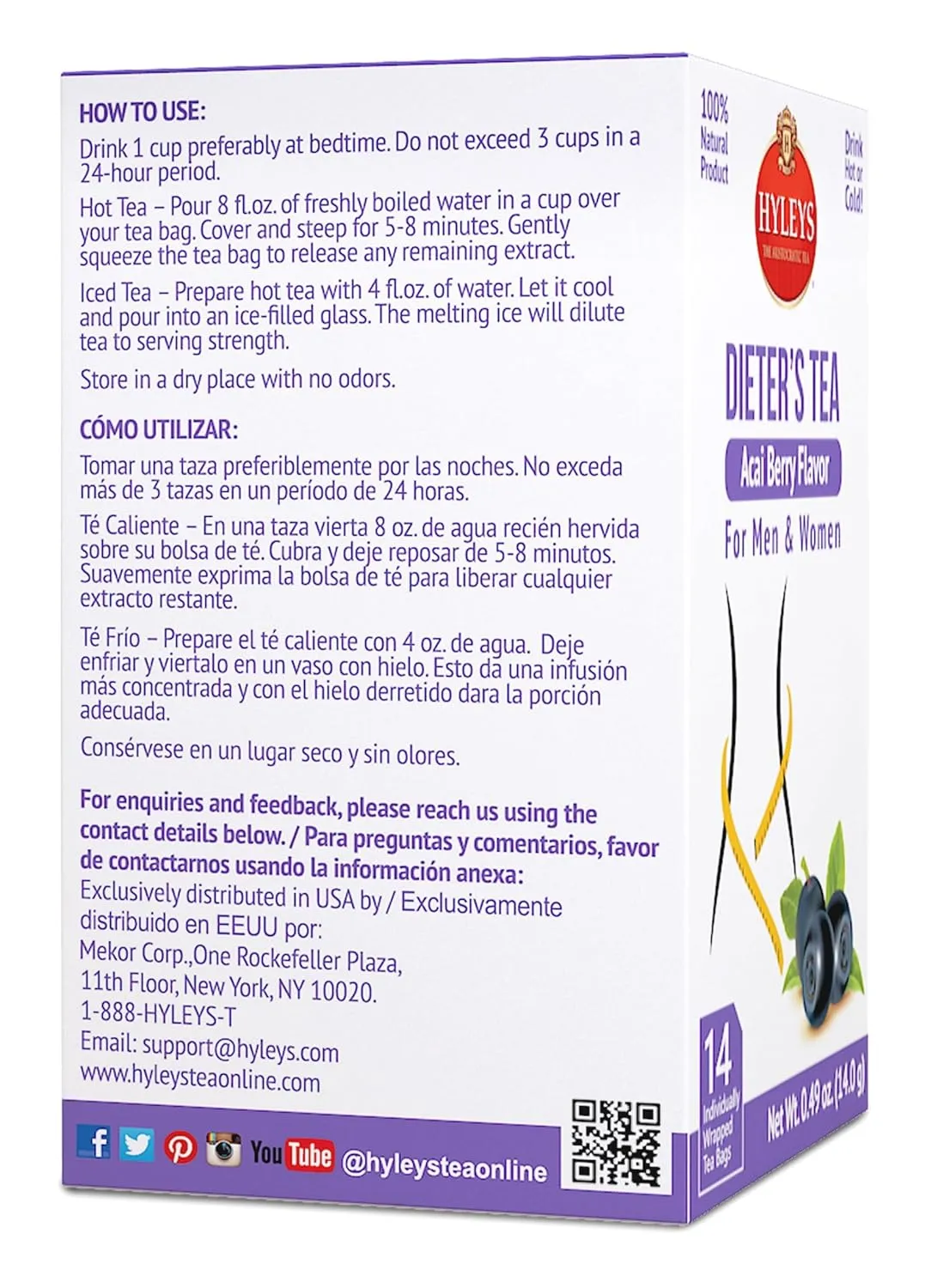 Hyleys Dieter's Tea with Acai Berry Flavor - 14 Tea Bags - Slimming Weight Loss Detox Cleanse Tea (24 Pack - 336 Tea Bags Total)