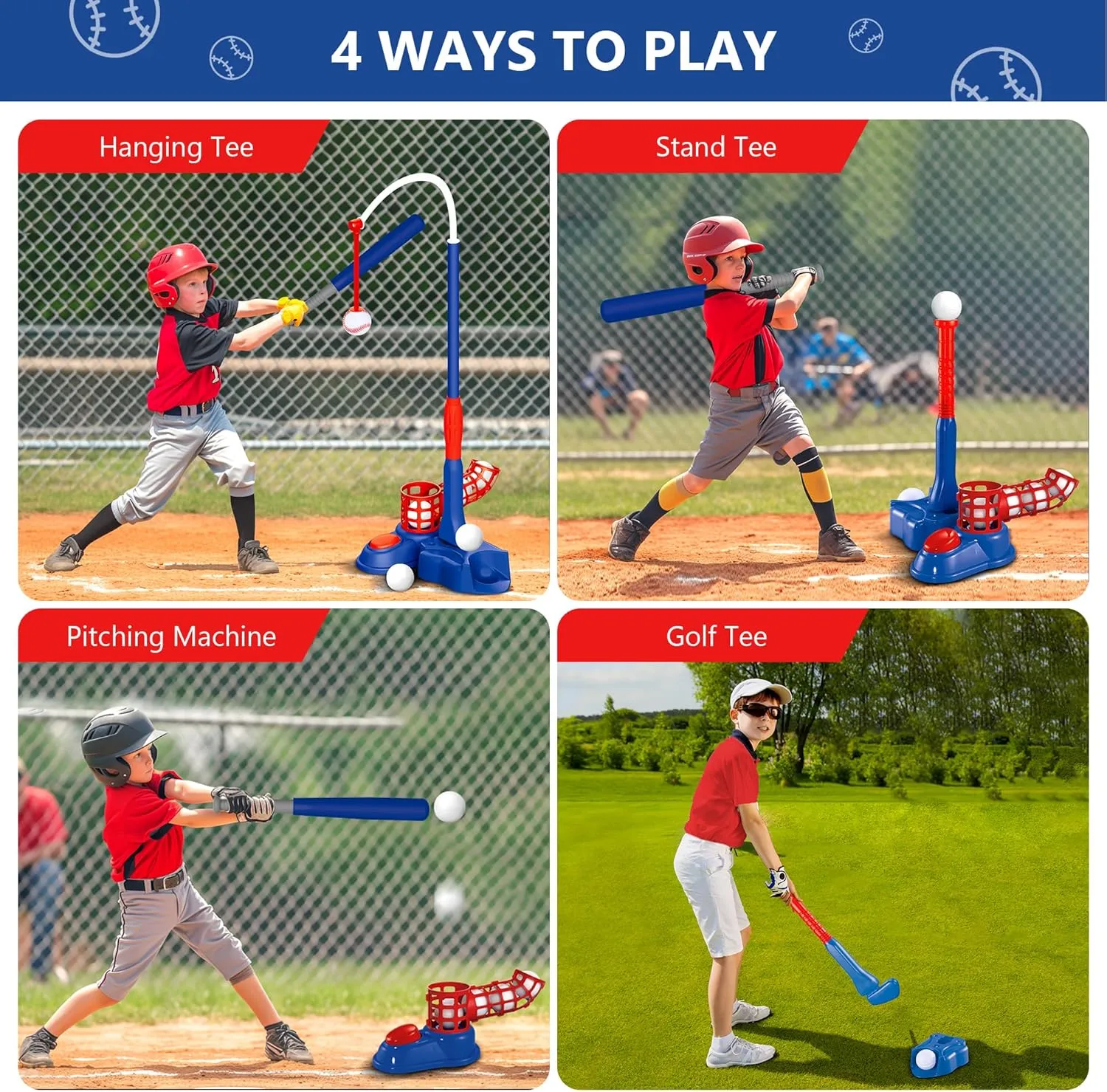 imagifun 4-in-1 T-Ball Set with Teeball Batting Tee, Hanging Tee, Pitching Machine & Retractable Bat - Outdoor Sport Toy for 3-5 & 5-8 Year Old Boys (Blue)