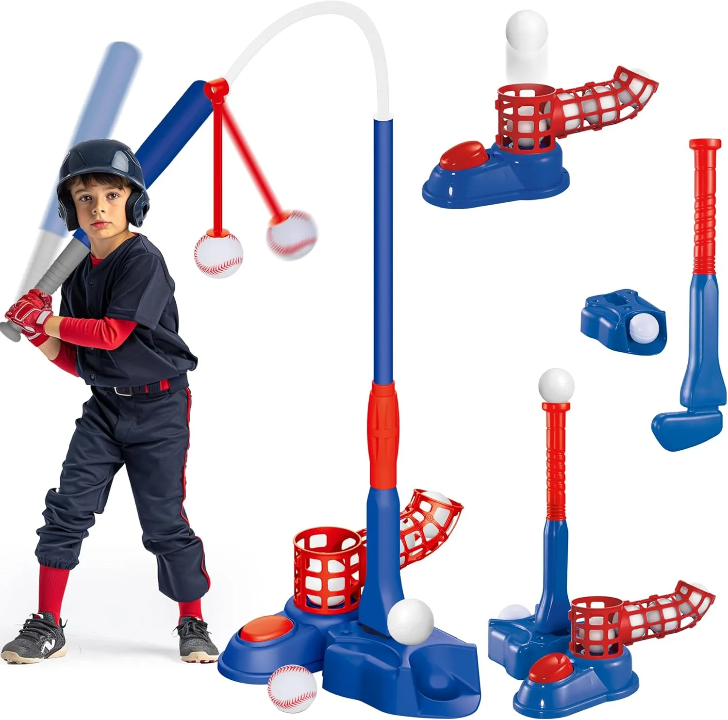 imagifun 4-in-1 T-Ball Set with Teeball Batting Tee, Hanging Tee, Pitching Machine & Retractable Bat - Outdoor Sport Toy for 3-5 & 5-8 Year Old Boys (Blue)