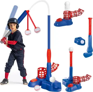imagifun 4-in-1 T-Ball Set with Teeball Batting Tee, Hanging Tee, Pitching Machine & Retractable Bat - Outdoor Sport Toy for 3-5 & 5-8 Year Old Boys (Blue)