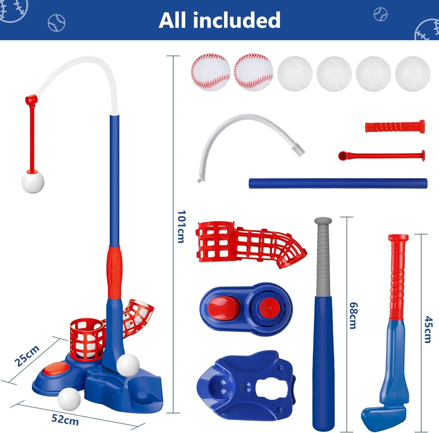 imagifun 4-in-1 T-Ball Set with Teeball Batting Tee, Hanging Tee, Pitching Machine & Retractable Bat - Outdoor Sport Toy for 3-5 & 5-8 Year Old Boys (Blue)