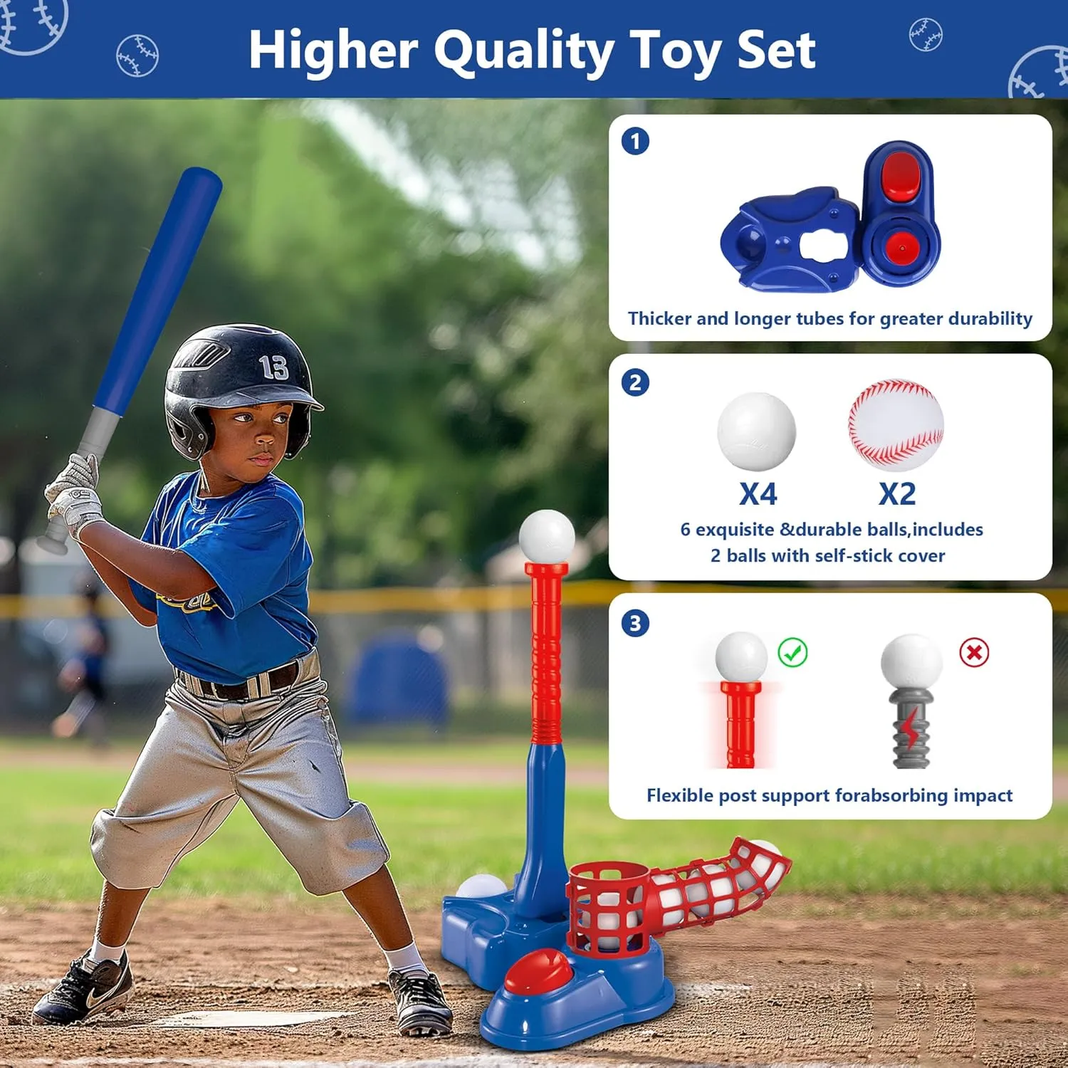 imagifun 4-in-1 T-Ball Set with Teeball Batting Tee, Hanging Tee, Pitching Machine & Retractable Bat - Outdoor Sport Toy for 3-5 & 5-8 Year Old Boys (Blue)