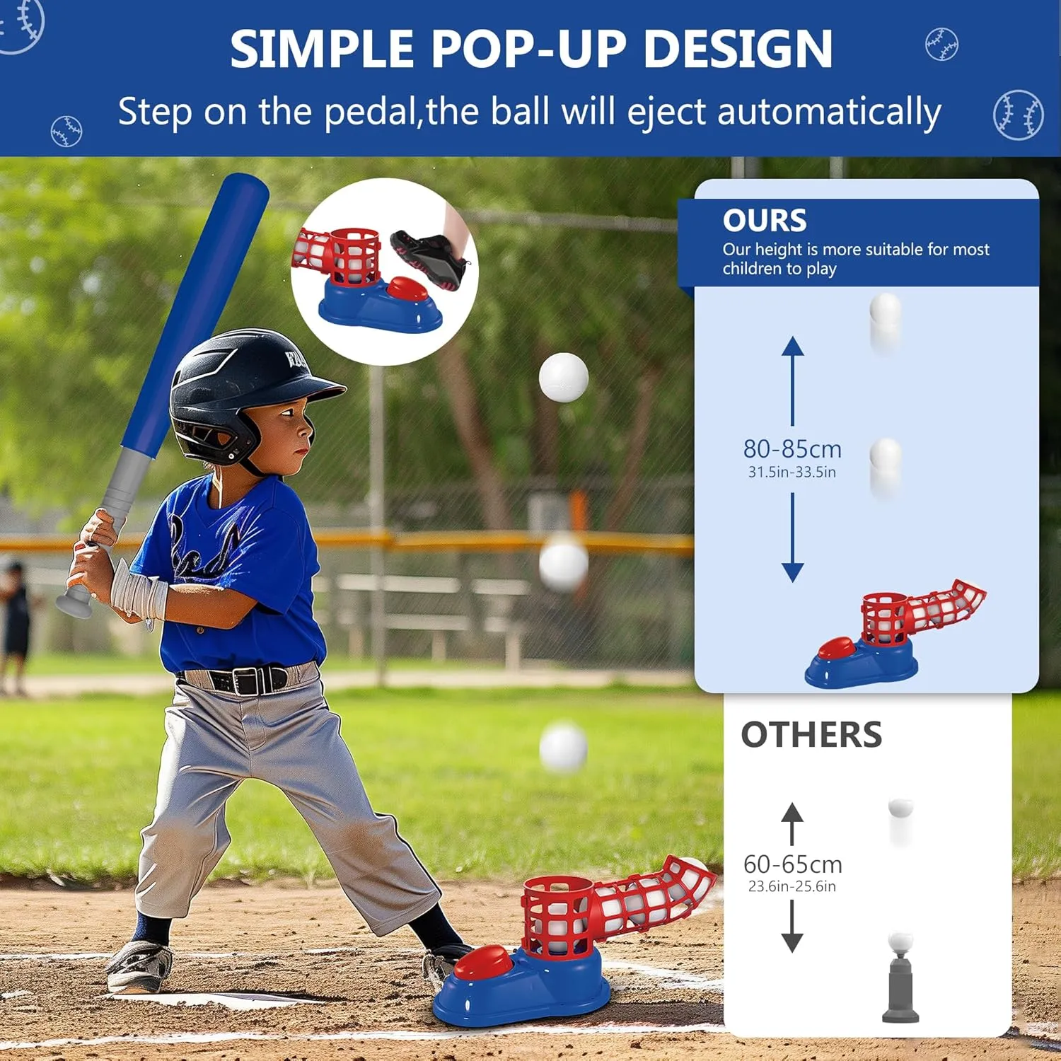 imagifun 4-in-1 T-Ball Set with Teeball Batting Tee, Hanging Tee, Pitching Machine & Retractable Bat - Outdoor Sport Toy for 3-5 & 5-8 Year Old Boys (Blue)