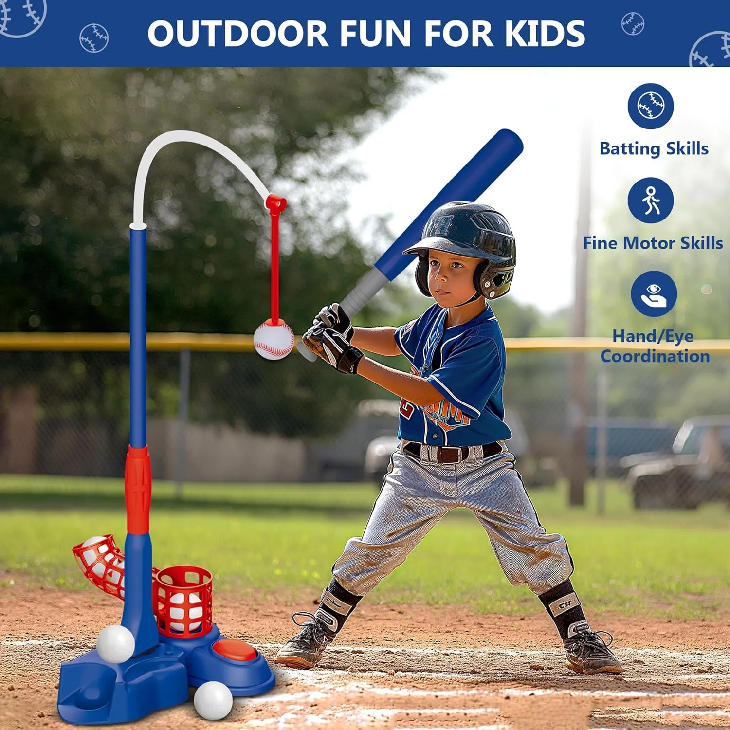 imagifun 4-in-1 T-Ball Set with Teeball Batting Tee, Hanging Tee, Pitching Machine & Retractable Bat - Outdoor Sport Toy for 3-5 & 5-8 Year Old Boys (Blue)