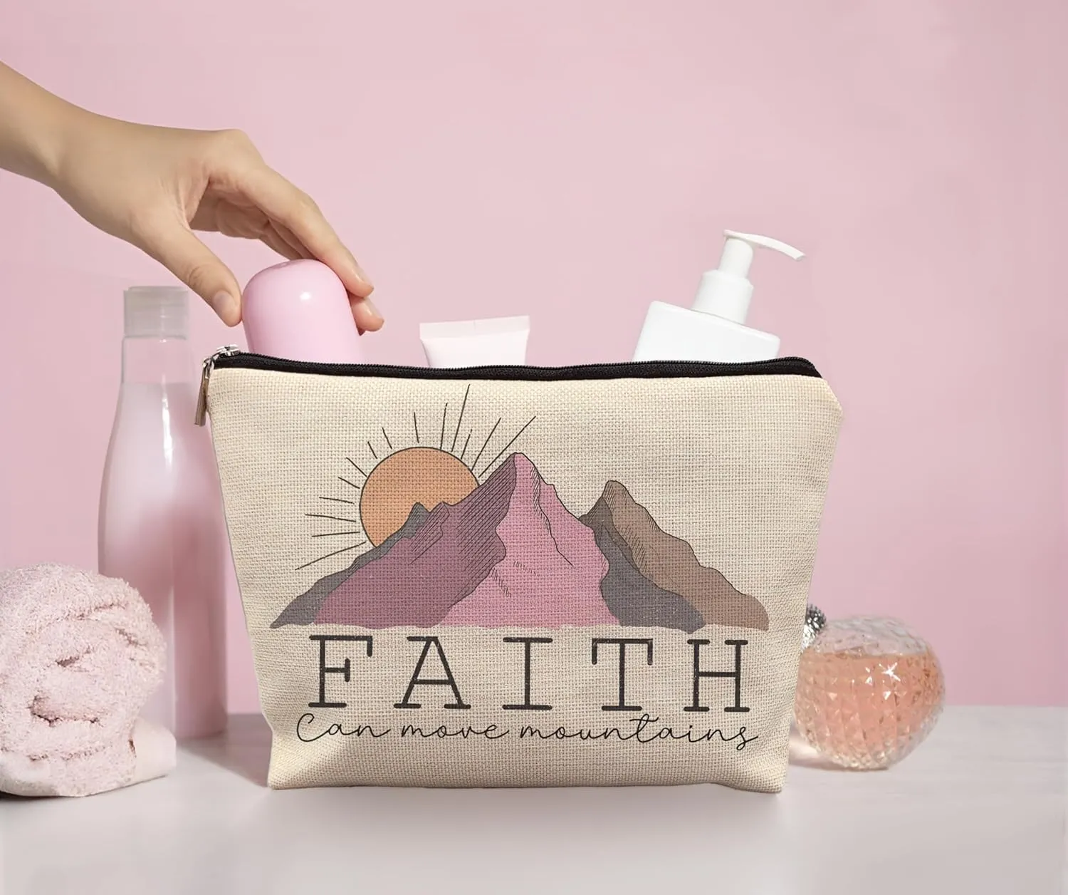 Inspirational Christian Gifts for Women, Faith Can Move Mountains Inspirational Makeup Bags for Women, Matthew 17:30 Religious Bible Verse Cosmetic Bag