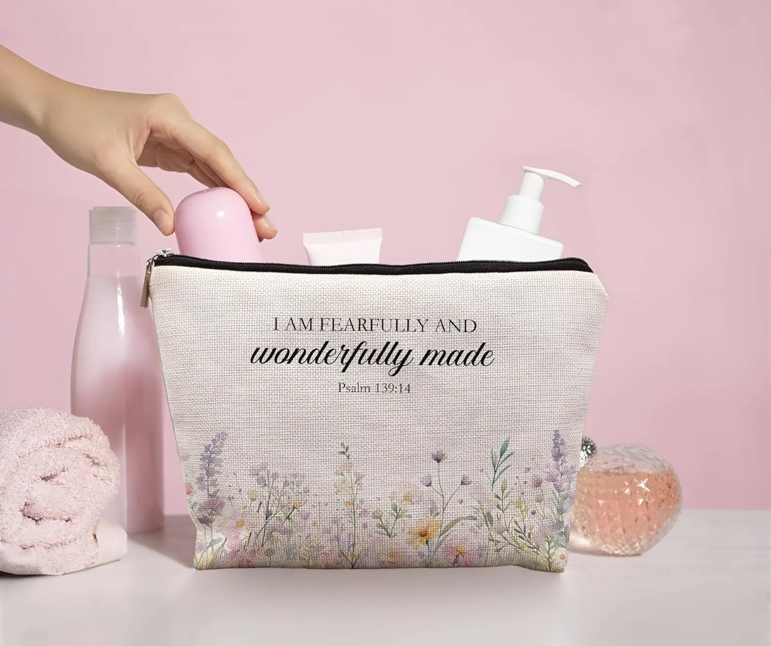 Inspirational Christian Makeup Cosmetic Bag - Christian Gifts for Women Faith, Fearfully and Wonderfully Made Bible Scripture Gifts Cosmetic Bag for Women, Floral Small Makeup Bag for Purse