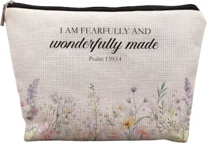 Inspirational Christian Makeup Cosmetic Bag - Christian Gifts for Women Faith, Fearfully and Wonderfully Made Bible Scripture Gifts Cosmetic Bag for Women, Floral Small Makeup Bag for Purse