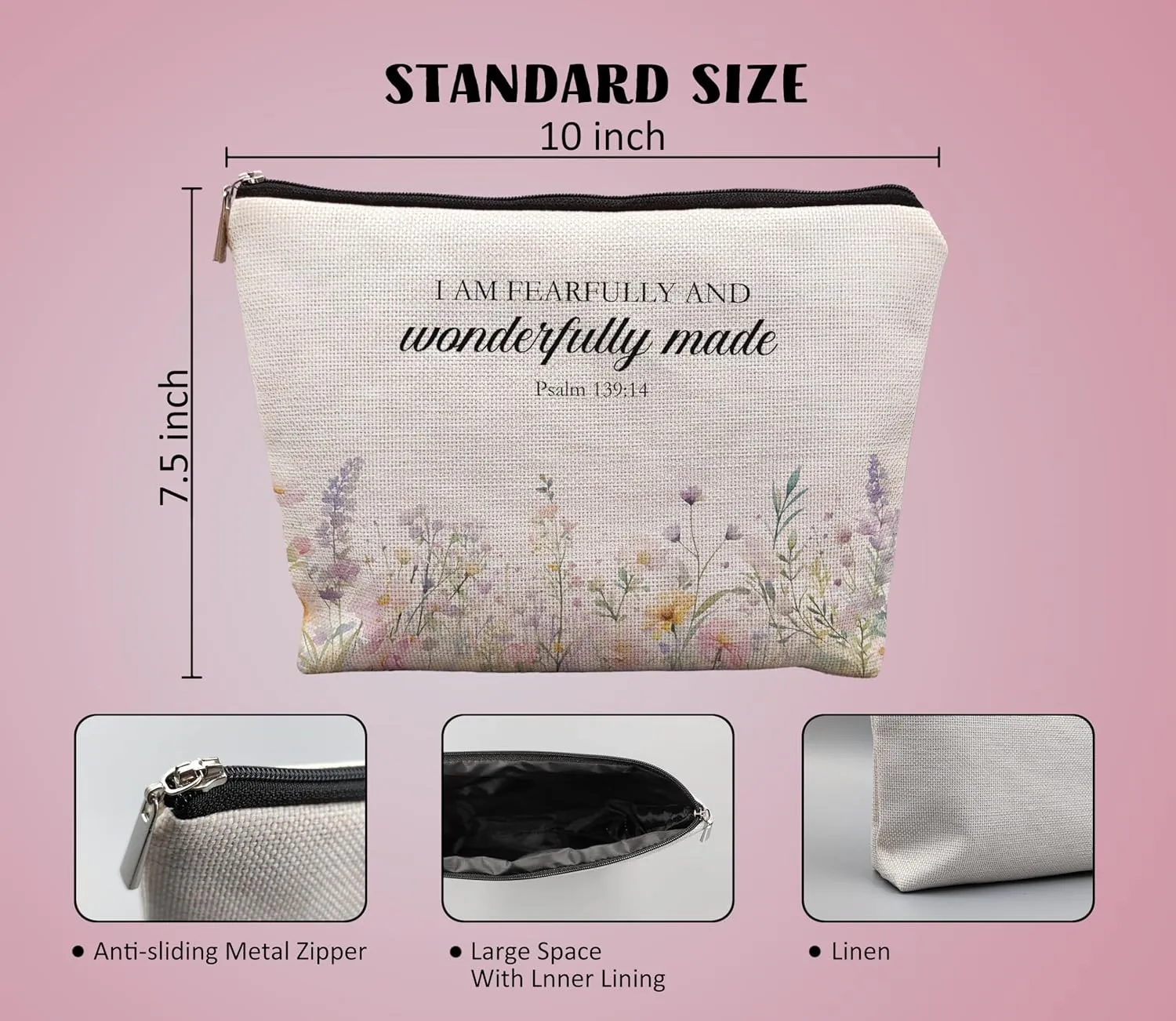 Inspirational Christian Makeup Cosmetic Bag - Christian Gifts for Women Faith, Fearfully and Wonderfully Made Bible Scripture Gifts Cosmetic Bag for Women, Floral Small Makeup Bag for Purse