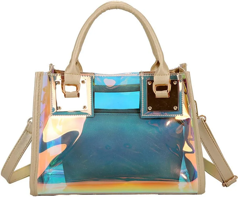 Jelly Bags Women Clear Handbags PVC Laser Transparent Waterproof Top Handle Bags Satchel Style Handbags Purse 2 Pcs Set