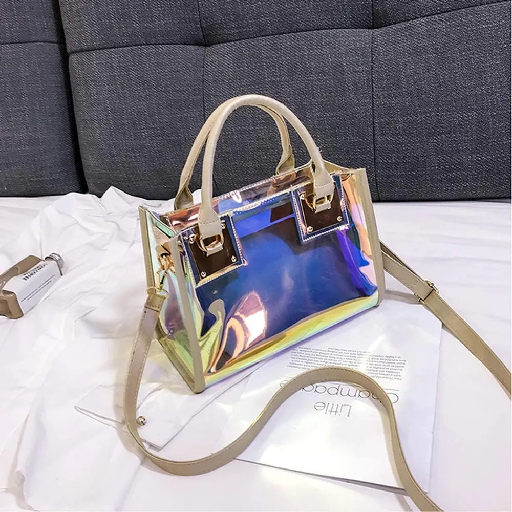 Jelly Bags Women Clear Handbags PVC Laser Transparent Waterproof Top Handle Bags Satchel Style Handbags Purse 2 Pcs Set