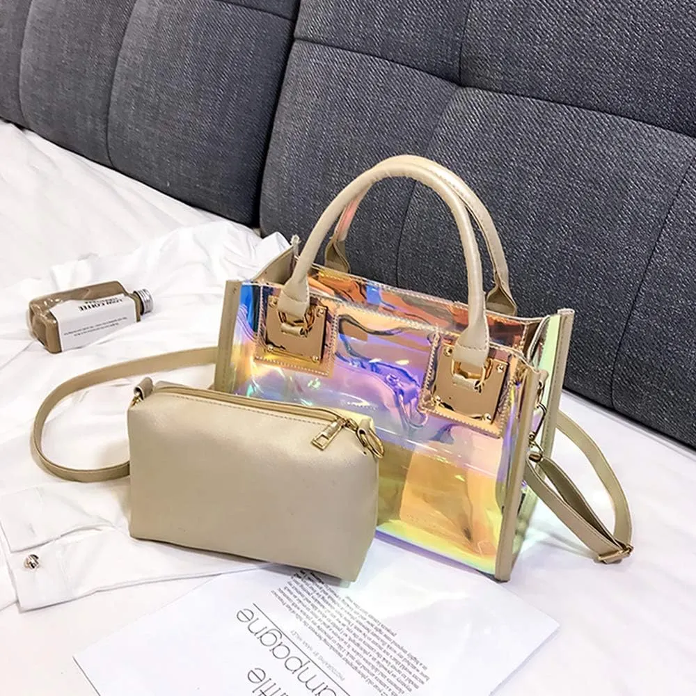 Jelly Bags Women Clear Handbags PVC Laser Transparent Waterproof Top Handle Bags Satchel Style Handbags Purse 2 Pcs Set