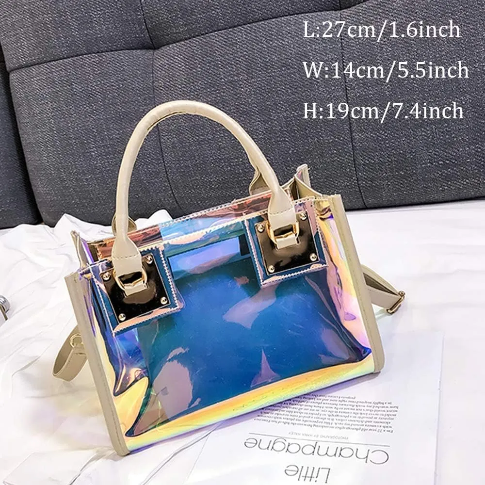 Jelly Bags Women Clear Handbags PVC Laser Transparent Waterproof Top Handle Bags Satchel Style Handbags Purse 2 Pcs Set