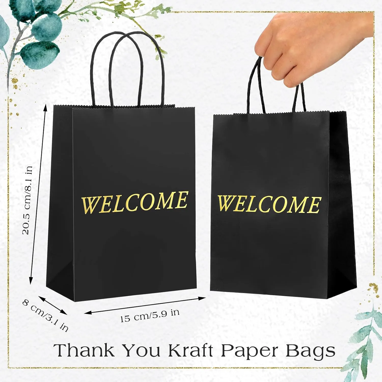 Jexine 100 Pcs Welcome Gift Bags 5.9 x 3.1 x 8.1 inches Kraft Paper Welcome Bags for Wedding, Hotel Guests, Church Visitors, Retail Shopping (Black)
